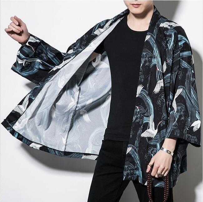 Men’s Kimono Jacket - Japanese Crane Black / M