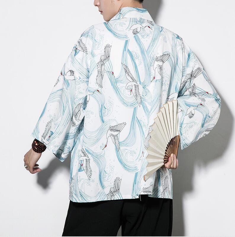 Men’s Kimono Jacket - Japanese Crane White / M