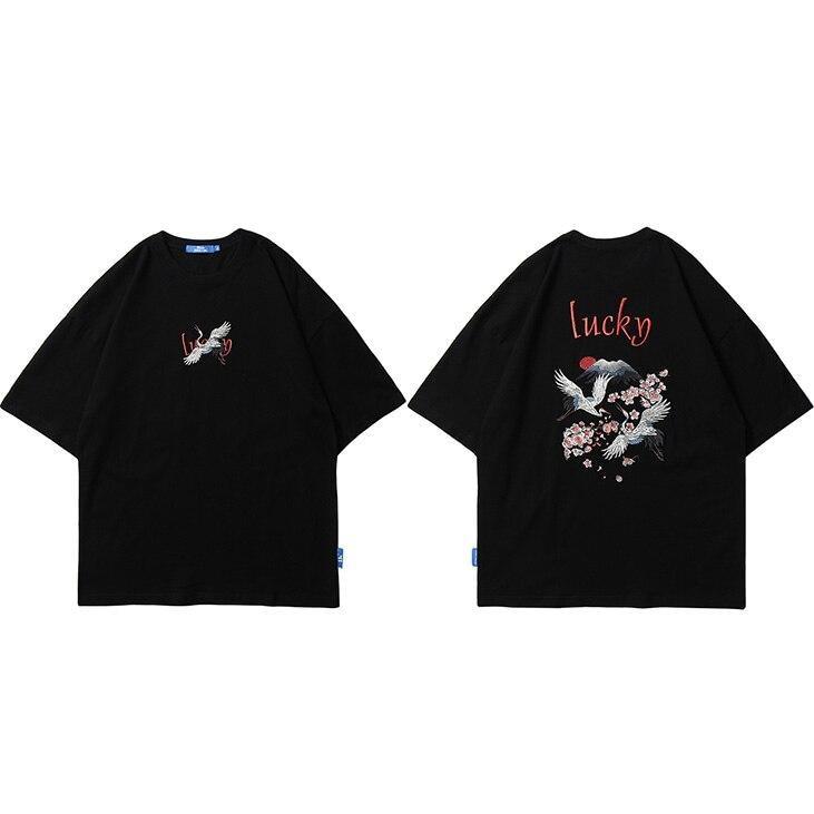 Retro Japanese T-Shirt - Cranes Black / M