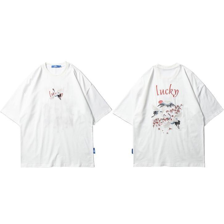 Retro Japanese T-Shirt - Cranes White / M