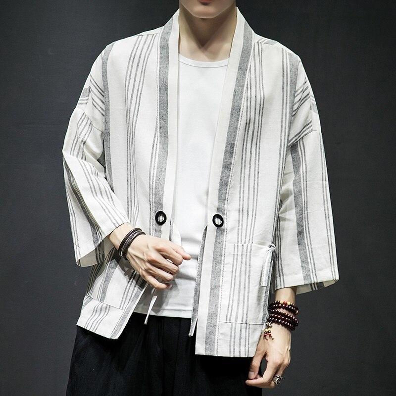 Striped Kimono Jacket For Men White / M