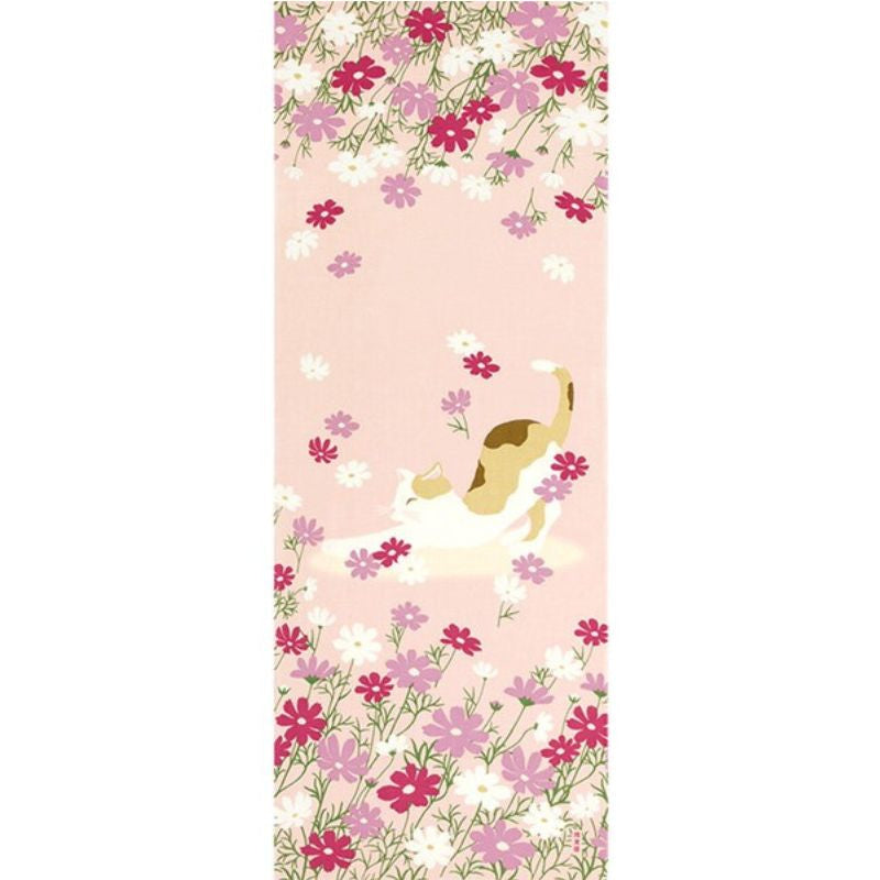 Japanese Tenugui Cat &amp; Flowers