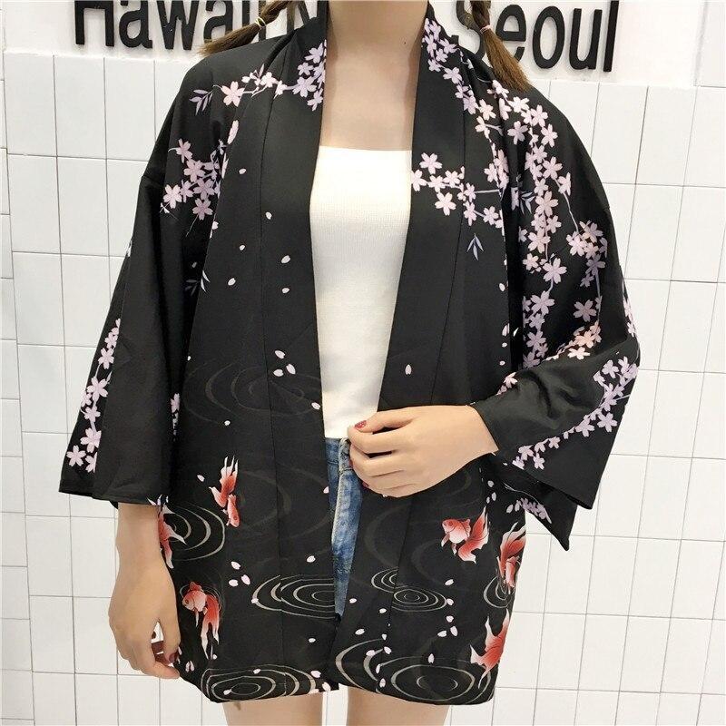 Women’s Black Floral Kimono Cardigan - Kingyo One Size