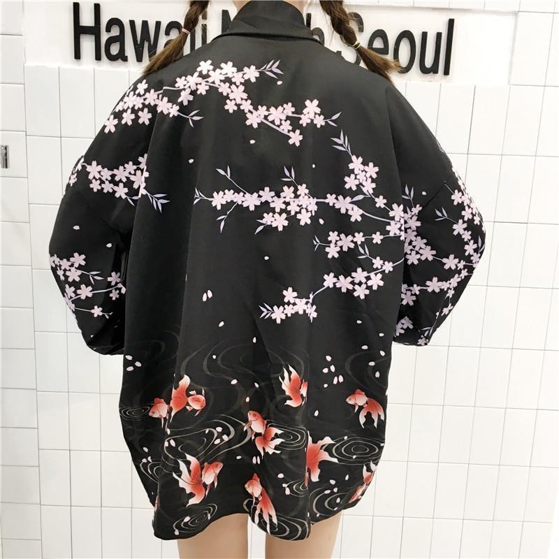 Women’s Black Floral Kimono Cardigan - Kingyo One Size