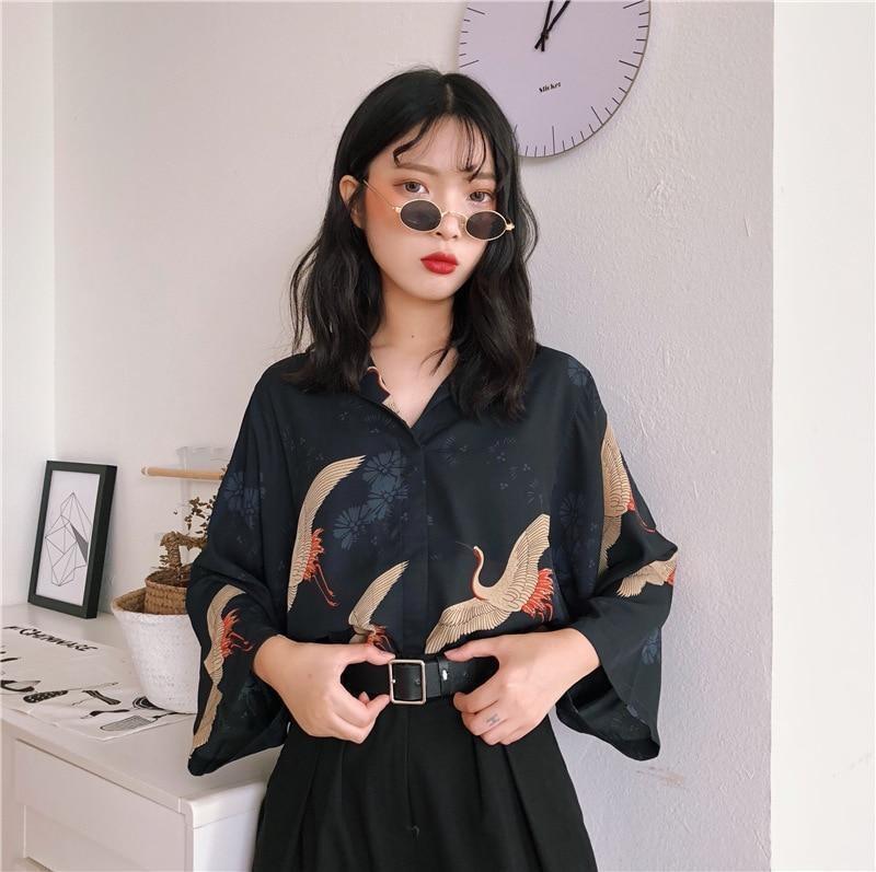 Women’s Japanese Print Kimono Blouse One Size
