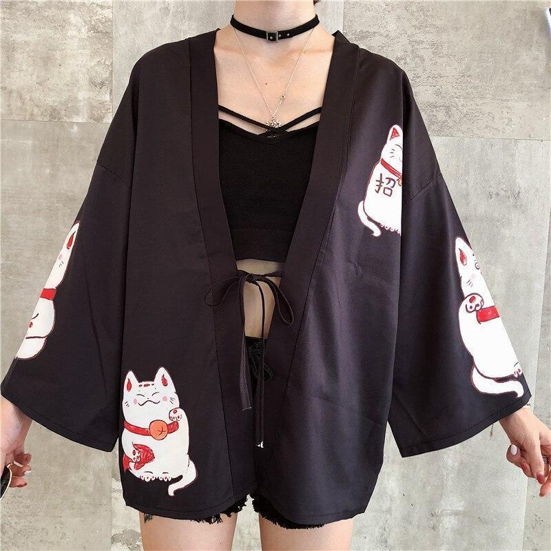 Women’s Japanese Style Kimono - Maneki Neko Black / One Size