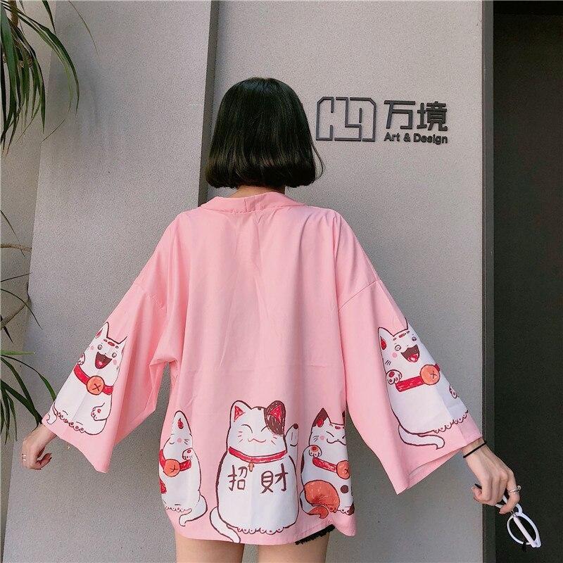 Women’s Japanese Style Kimono - Maneki Neko Pink / One Size