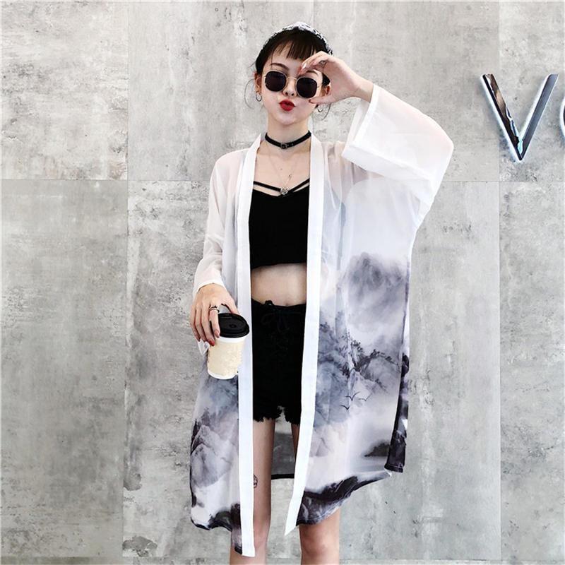 Women’s Long Kimono Cardigan - Black And White One Size