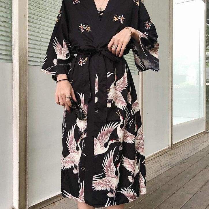 Women’s Long Kimono Jacket - Crane Flight One Size